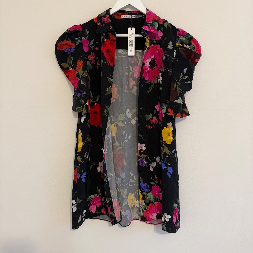 Alice + Olivia Womens Jem Puff Sleeve Multicolor Floral Shirtdress Small - Picture 4 of 12